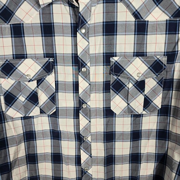 Coevals Club Western Pearl Snap Shirt XXL Men's Short Sleeve Blue White Plaid - Picture 6 of 6